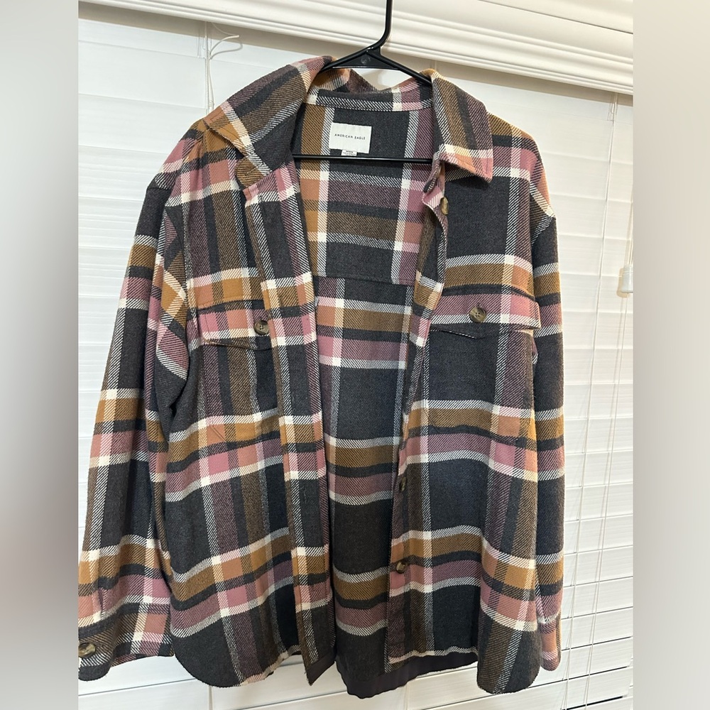 American Eagle pink, yellow, and grey chunky flannel